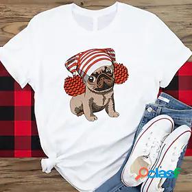Womens T shirt Painting Dog Round Neck Print Basic Tops Blue