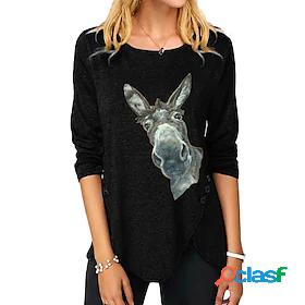 Women's T shirt Painting Donkey Animal Round Neck Button