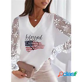 Womens T shirt Painting Leopard Leaf USA V Neck Patchwork