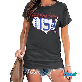 Womens T shirt Painting Text USA Round Neck Print Basic Tops