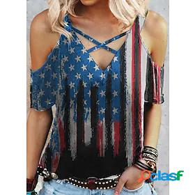 Womens T shirt Painting USA V Neck Cut Out Print Basic Tops