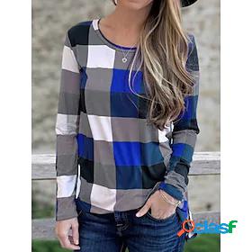 Womens T shirt Plaid Color Block Round Neck Print Basic Tops