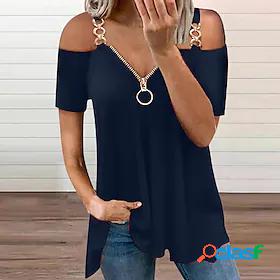 Womens T shirt Plain V Neck Cold Shoulder Quarter Zip Basic