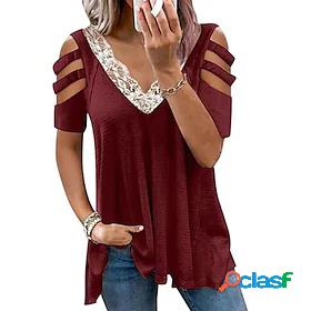 Womens T shirt Plain V Neck Cut Out Lace Trims Flowing tunic