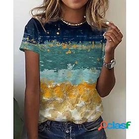 Womens T shirt Scenery Color Block Round Neck Print Basic