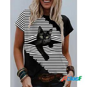Womens T shirt Striped 3D Cat Striped Cat Graphic Round Neck