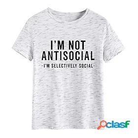 Womens T shirt Text Round Neck Print Basic Tops Blue White