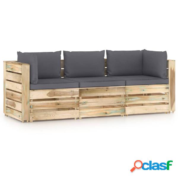 vidaXL Divano da Giardino a 3 Posti con Cuscini Legno