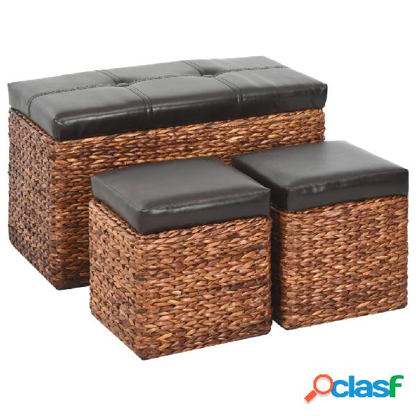 vidaXL Panca e 2 Pouf in Giunco Marrone e Nero