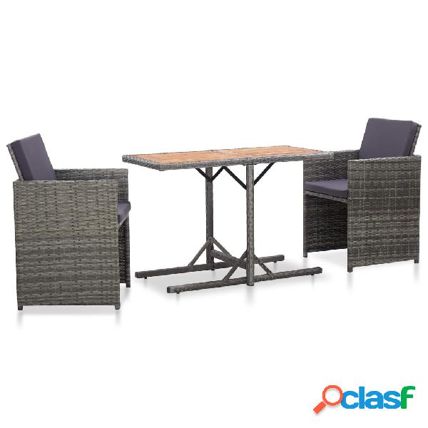 vidaXL Set da Bistrot 3 pz con Cuscini in Polyrattan Grigio