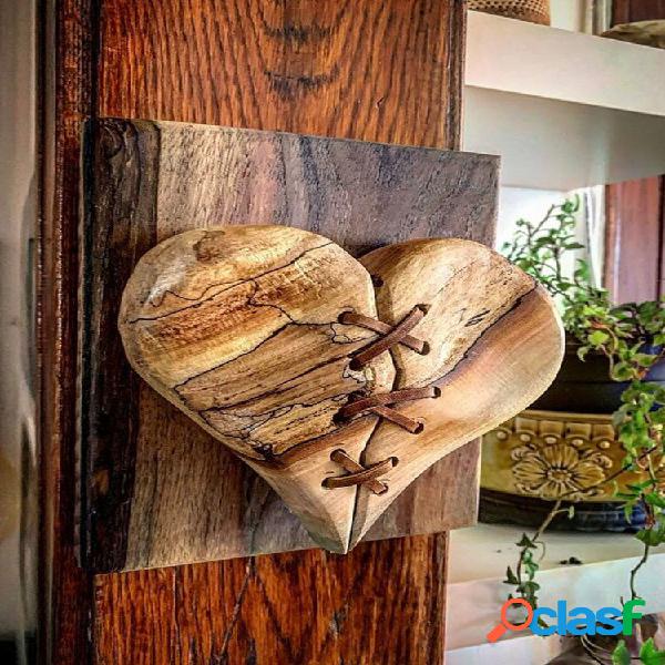 1 PC Wood Broken Heart Sculpture Pictures Leather Stitched