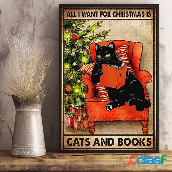 1 Pc Cat And Books Pattern Christmas Series Canvas Printing