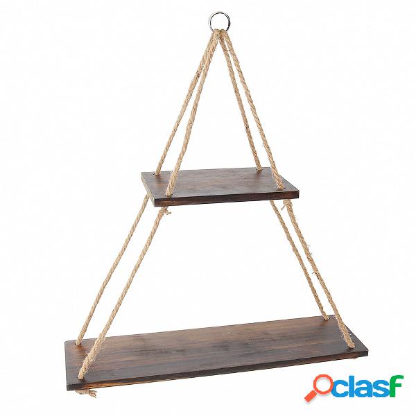 2 Layers Wooden Wall Floating Shelves Hanging Rope Swing