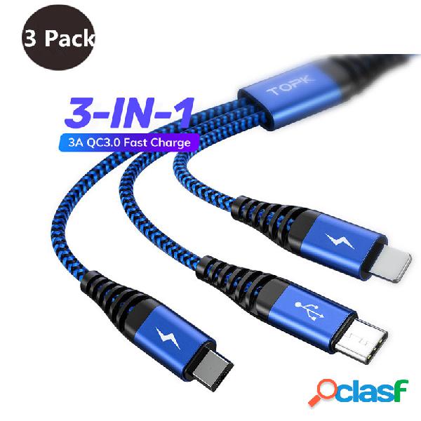 [3 Pack]TOPK AN24 3 in 1 Data Cable QC3.0 Fast Charging Data
