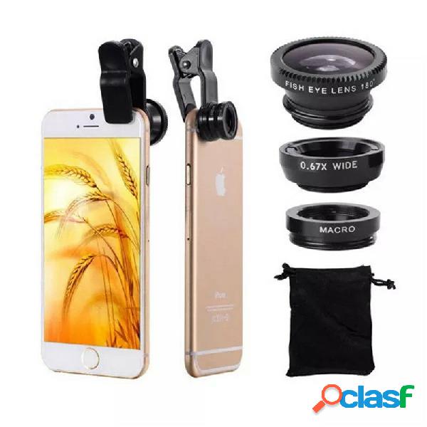3 in 1 Universal Clip Camera Lens 0.67 Wide Angle+180 Degree