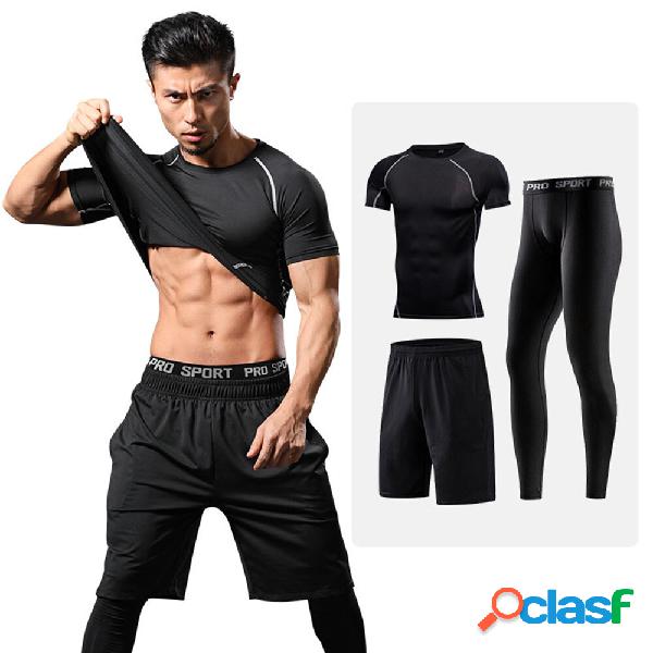 3 pcs Mens Tight Sports Stretch Clothes Set Short Sleeve