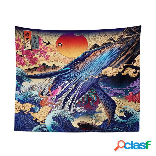 3D Wall Tapestry Great Japanese Sea Ocean Wave Whale Sunset