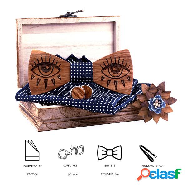 3D Wooden Tie Square Handkerchief Cufflinks Wood Bow Tie