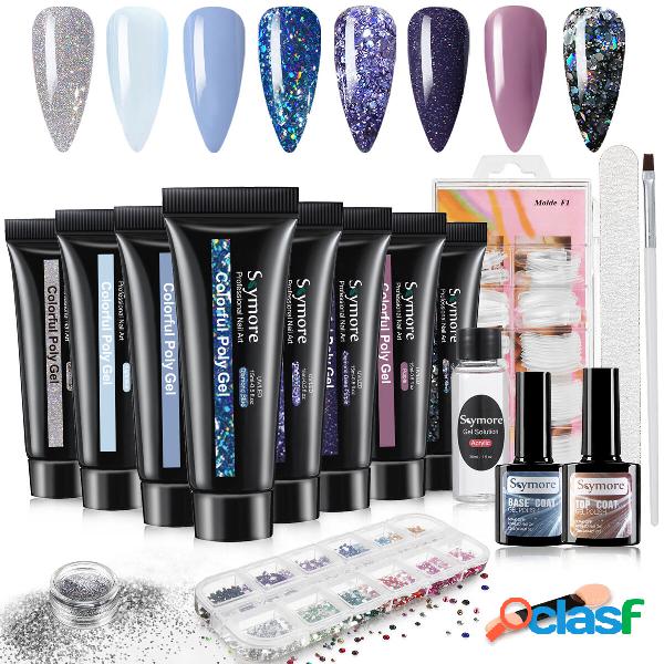 8 Colors Nail Extension Gel Kit with 12 Pcs Rhinestones &