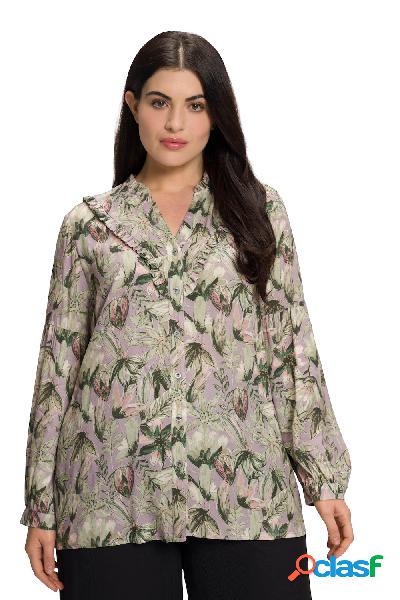 Blusa di crêpe con fiori, collo alto, ruche e maniche