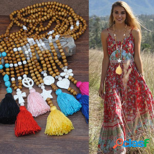 Bohemian Wooden Beads Tassel Necklace Geometric Heart Star