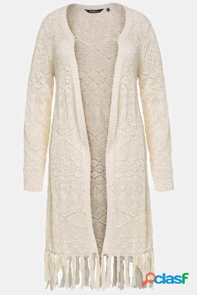 Cardigan lungo e aperto con orli con frange, Donna, Beige,