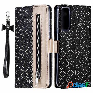 Custodia a Portafoglio Lace Pattern per Samsung Galaxy S21