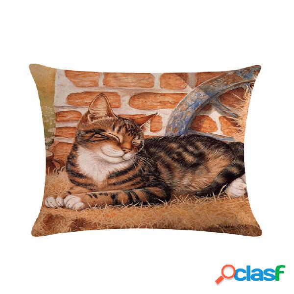 Cute Cat Printing Linen Cushion Cover Colorful Cats Pattern