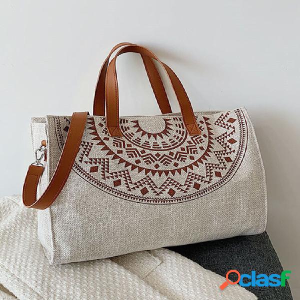 Ethnic Style Canvas Large Capacity Tote Natural Cotton Linen