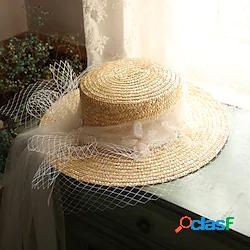Floreale Pastorale Paglia berretto con Perle di imitazione /