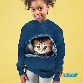 Kids Girls Hoodie Long Sleeve Dusty Blue 3D Print Cat Active