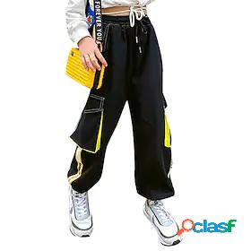 Kids Girls Pants Black Drawstring Striped Letter Streetwear
