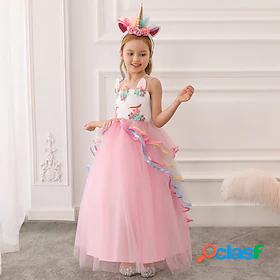Kids Little Dress Girls Rainbow Color Block Party Tulle