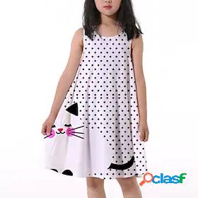 Kids Little Girls Dress Cat Polka Dot Animal Print White
