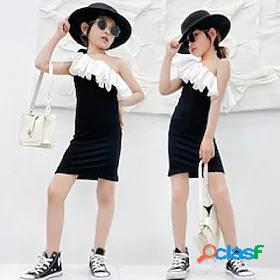 Kids Little Girls Dress Patchwork Daily Wear Black Cotton