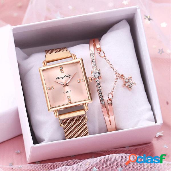 Ladies Fashion Watch Set Creative Square Dial Magnet Buckle