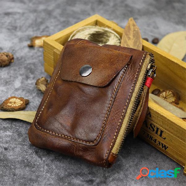 Men Genuine Leather Vegetable Tanned Leather Thin Zipper