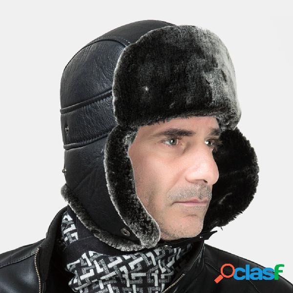 Men PU Leather Winter Thicken Plus Velvet Warm Trapper Hat