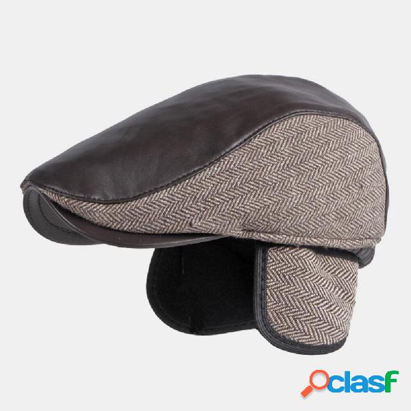 Mens PU Leather Stitching Earflaps Ear Protection Beret Cap