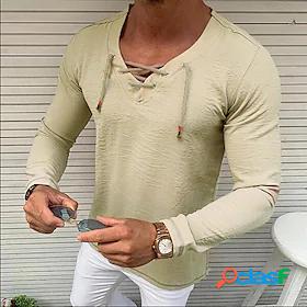Mens T shirt Bishop Sleeve Drawstring V Neck Medium Spring