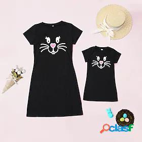 Mommy and Me Easter Dresses Causal Bunny Print Black