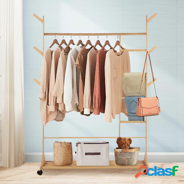 Movable Coat Rack Shoes Rack Wooden Clothing Hanging Rack