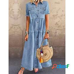 Per donna Abito camicia di jeans Vestito maxi Blu scuro