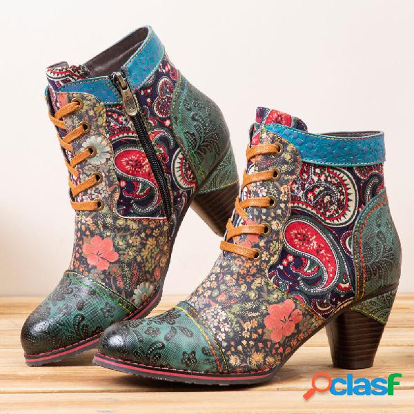 Socofy Retro Paisley Pattern Leather Patchwork Lace-up