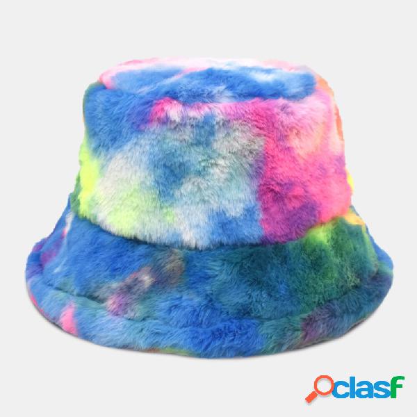 Unisex Faux Rabbit Fur Colorful Gradient Tie-dye Bucket Hat