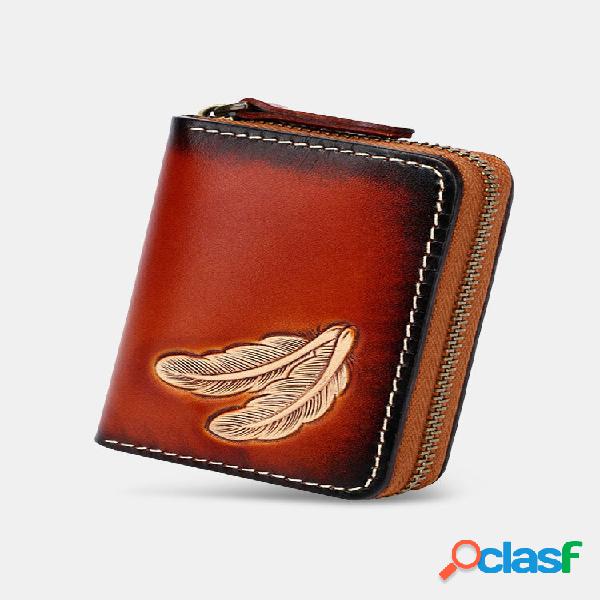 Women Genuine Leather Vintage Zipper Front Feather Embossing