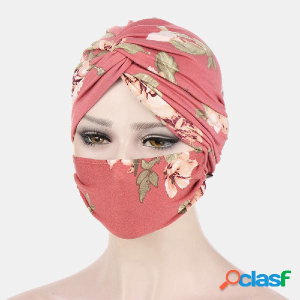 Women Knotted Beanie Hat Mask Set Polyester Floral Leaves