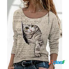 Womens 3D Cat Painting T shirt Cat 3D Text Long Sleeve Print