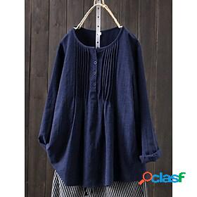 Womens Blouse Peplum Shirt Plain Round Neck Button Casual
