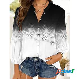 Womens Blouse Shirt Christmas Snowflake Sparkly Color Block